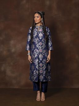 VISHWA - Midnight Blue Banarasi Silk Kurta with Pants Set