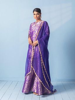 VISHWA - Purple Morbagh Kurta and Sharara Set with Organza Scalloped Dupatta