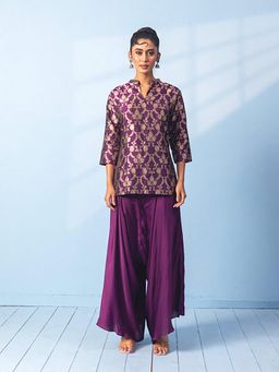 VISHWA - Purple Short Kurta with Satin Drape Pant Set