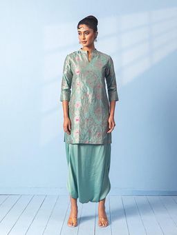VISHWA - Sage Green Short Kurta with Satin Dhoti Set