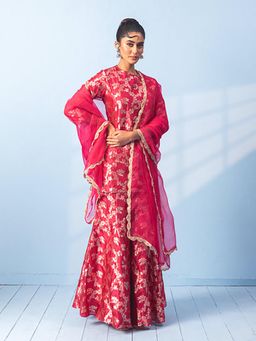 VISHWA - Red Banarasi Kurta and Sharara Set with Organza Dupatta