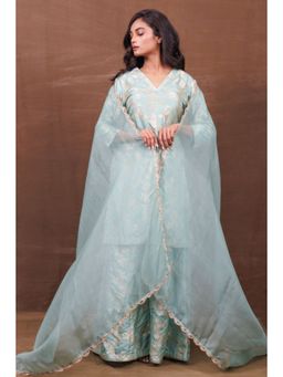 VISHWA - Firozi Silk Kurta and Sharara Set with Gold-Silver Weaving and Organza Dupatta