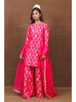 VISHWA - Rani Pink Banarasi Silk Kurta and Sharara with Dupatta Set