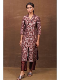VISHWA - Brown Banarasi Jacket-Style Kurta Set with Raw Silk Pants