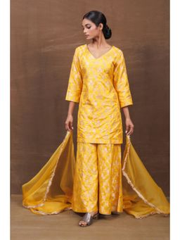 VISHWA - Yellow Banarasi Silk Kurta Sharara Set with Organza Dupatta
