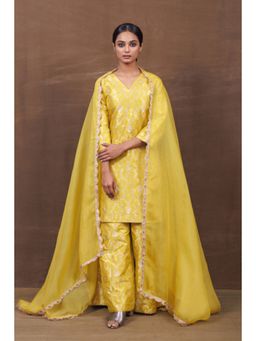 VISHWA - Yellow Banarasi Silk Kurta with Sharara and Dupatta Set