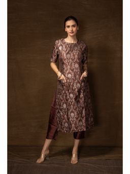 VISHWA - Banarasi Jaal Brown Kurta with Silver Zari Weaving and Raw Silk Pant