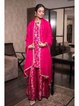 VISHWA - Pragati Pitty In Rani Pink Banarasi Silk Kurta with Sharara and Dupatta Set