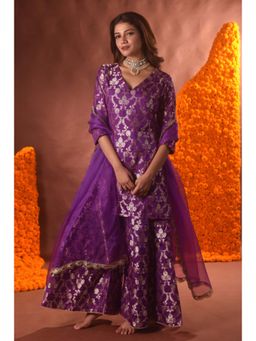 VISHWA - Purple Banarasi Silk Kurta Sharara with Dupatta Set