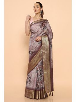 Soch - Women Purple Silk Floral Saree with Unstitched Blouse
