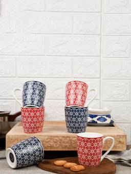 Femora - Desh Ki Mitti Fine Bone China Geometric Design Red Blue Tea Cups - Set Of 6 - 160 Ml