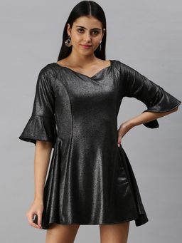 SHOWOFF - Women Black Textured Sweetheart Fit and Flare Dress