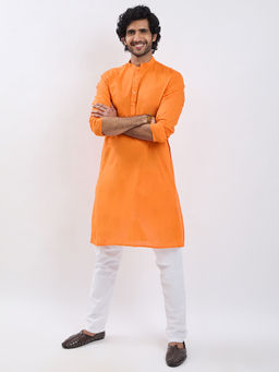 Vastramay - Men Cotton Orange Solid Kurta with Pyjama (Set of 2)