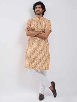Vastramay - Gold Cotton Hare Krishna Hare Ram Printed Kurta with Pyjama (Set of 2)