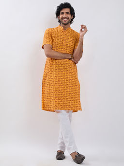 Vastramay - Mustard Cotton Hare Krishna Hare Ram Printed Kurta with Pyjama (Set of 2)