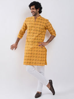 Vastramay - Yellow Cotton Om Printed Kurta with Pyjama (Set of 2)