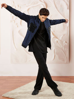 Vastramay - Navy Blue Silk Blend Embroidered Jacket with Lycra Kurta and Pant (Set of 3)