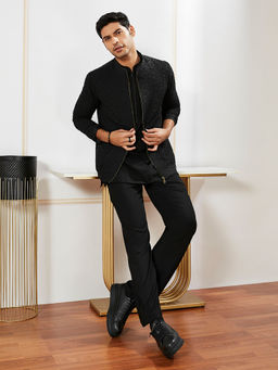 Vastramay - Black Silk Blend Textured Jacket with Lycra Kurta and Pant (Set of 3)