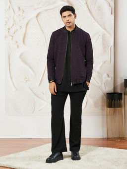 Vastramay - Wine Silk Blend Textured Jacket with Lycra Kurta and Pant (Set of 3)