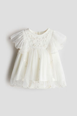 H&M - Girls Beige Embroidery-Detail Mesh Dress