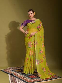 Odette - Green Linen Designer Saree with Unstitched Blouse