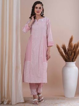 FASHOR - Pink Stripes Printed and Sequine A-Line Kurta with Pant (Set of 2)