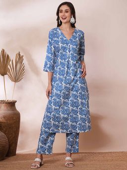 FASHOR - Blue Abstract Printed A-Line Kurta and Pant (Set of 2)