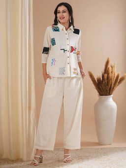 FASHOR - White Embroiderd Chiffli Patch Work Straight Fit Co-Ord (Set of 2)