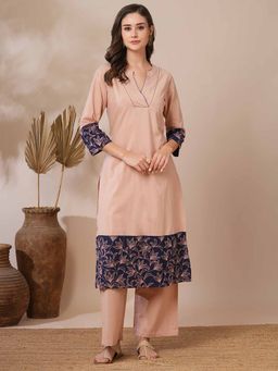 FASHOR - Peach Floral Printed A-Line Fit Kurta and Pant (Set of 2)