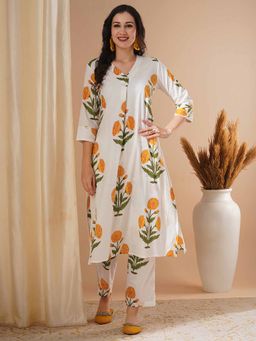 FASHOR - Yellow Floral Block Printed A-Line Kurta and Pant (Set of 2)