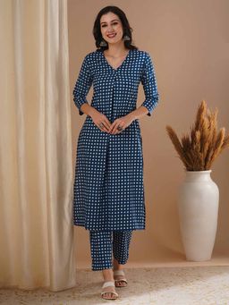 FASHOR - Blue Checks Printed A-Line Kurta with Pant (Set of 2)