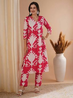 FASHOR - Red Ikat Printed A-Line Kurta with Pant (Set of 2)