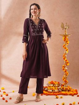 FASHOR - Burgundy Sequin Embroidered A-Line Kurta and Pant (Set of 2)