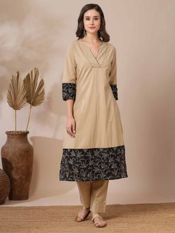 FASHOR - Beige Floral Printed A-Line Fit Kurta with Pant (Set of 2)