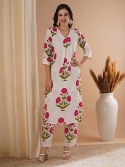 FASHOR - Pink Floral Block Printed A-Line Kurta with Pant (Set of 2)