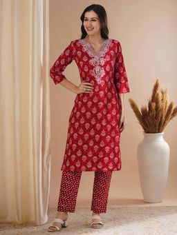 FASHOR - Red Printed and Embroidered Straight Fit Kurta with Pant (Set of 2)