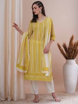 FASHOR - Stripes Printed and Embroidered Straight Fit Kurta with Pant and Dupatta (Set of 3)