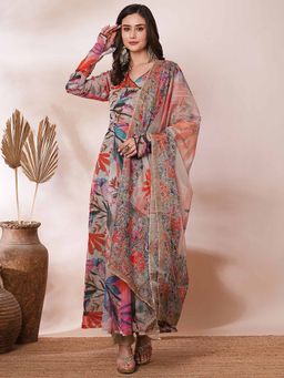 FASHOR - Floral Printed and Hand Embroidered Anarkali Kurta with Pant and Dupatta (Set of 3)