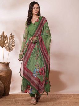 FASHOR - Floral Printed and Hand Embroidered Anarkali Kurta with Pant and Dupatta (Set of 3)