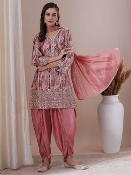 FASHOR - Peach Printed Embellished Straight Fit Kurta with Dhoti and Dupatta (Set of 3)