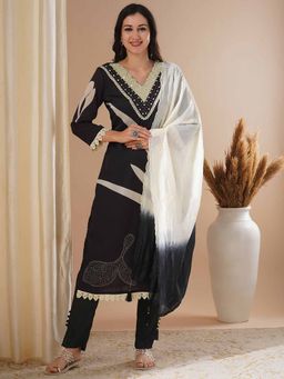 FASHOR - Black Printed and Beads Stone Work Kurta with Pant and Dupatta (Set of 3)