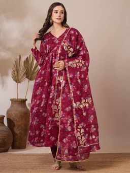 FASHOR - Wine Floral Printed A-Line Anarkali Kurta with Pant and Dupatta (Set of 3)