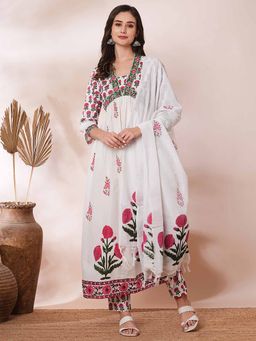 FASHOR - White Floral Block Printed Anarkali Kurta with Pant and Printed Dupatta (Set of 3)