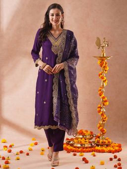 FASHOR - Purple Sequin and Embroidered Straight Fit Kurta with Pant and Dupatta (Set of 3)