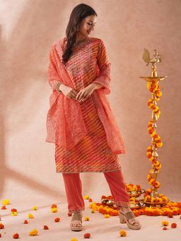 FASHOR - Orange Leheriya Printed Straight Fit Kurta with Pant and Dupatta (Set of 3)
