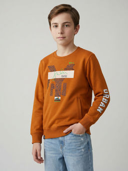 Monte Carlo - Boys Mustard Regular Fit Full Sleeves Graphic Printed Winter Sweatshirt