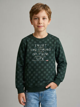 Monte Carlo - Boys Green Regular Fit Full Sleeves Text Printed Winter Sweatshirt