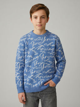 Monte Carlo - Boys Blue Regular Fit Full Sleeves Text Printed Winter Pullover Sweater