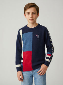 Monte Carlo - Boys Navy Blue Regular Fit Full Sleeves Colorblock Winter Pullover Sweater