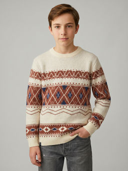 Monte Carlo - Boys Beige Regular Fit Full Sleeves Self Design Winter Pullover Sweater